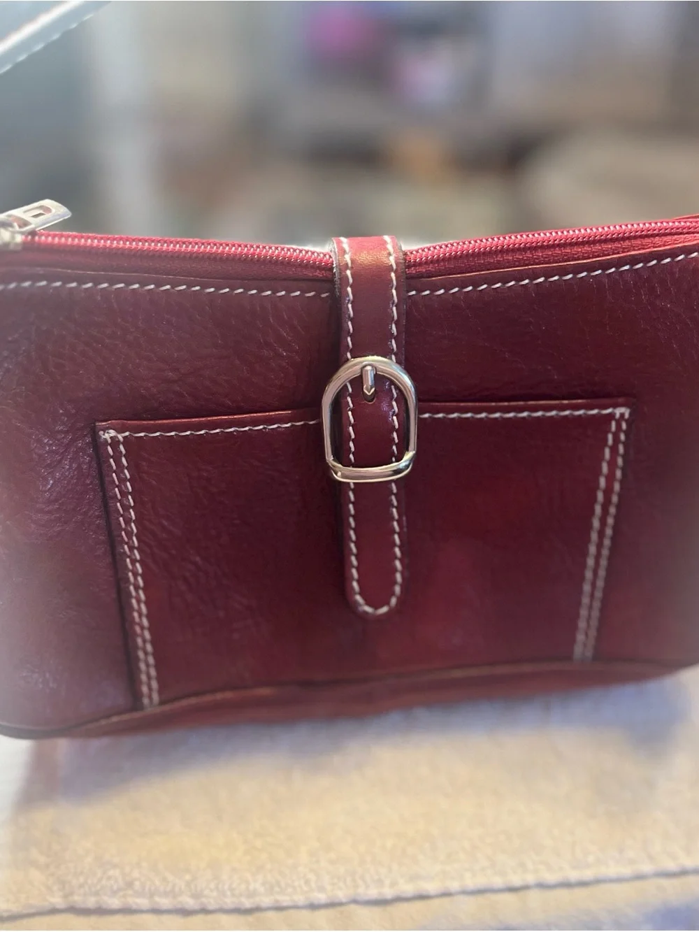 Genuine Red Leather Shoulder Bag with Buckle Accent (Made/From Italy).